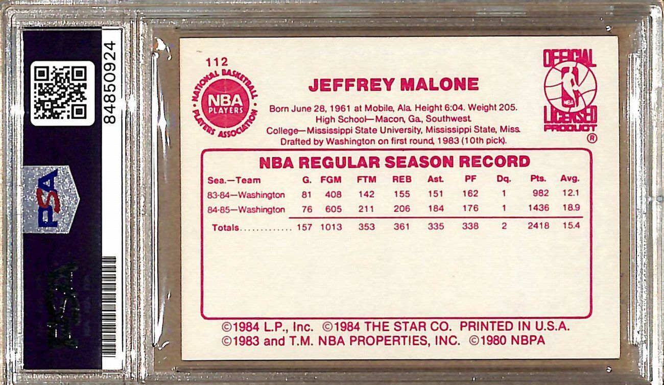 1985-86 Star Company #112 Jeff Malone Bullets Signed/Auto Card PSA/DNA 178983