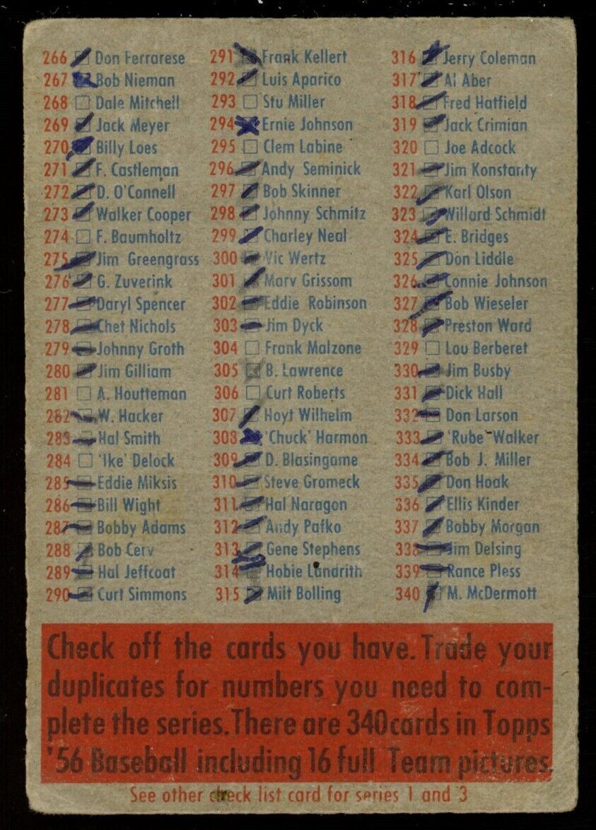 1956 Topps Checklist 1st / 3rd Series Baseball Card Low Grade