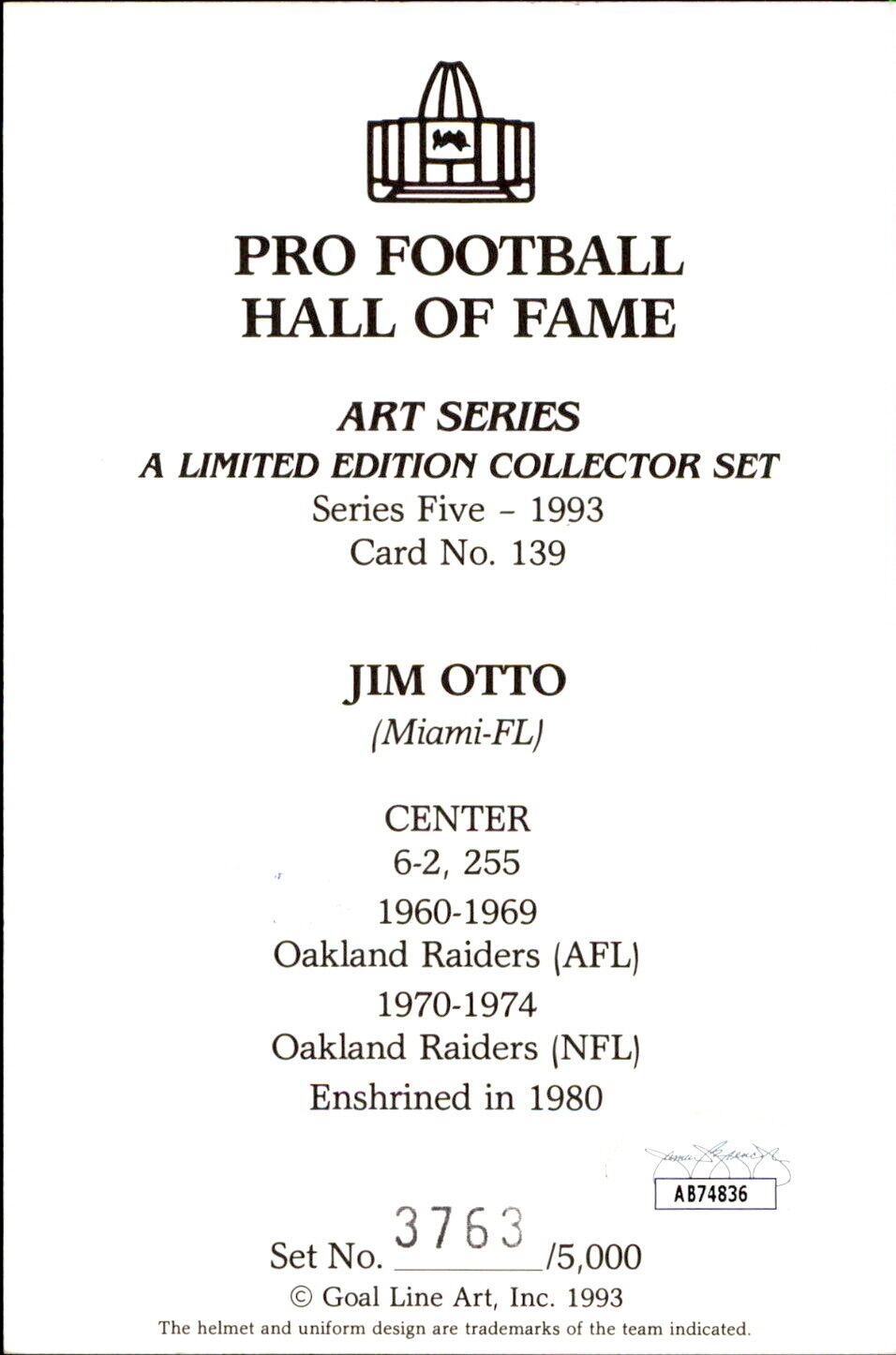 Jim Otto HOF Autographed/Inscr Goal Line Art GLAC Postcard Oakland Raiders JSA