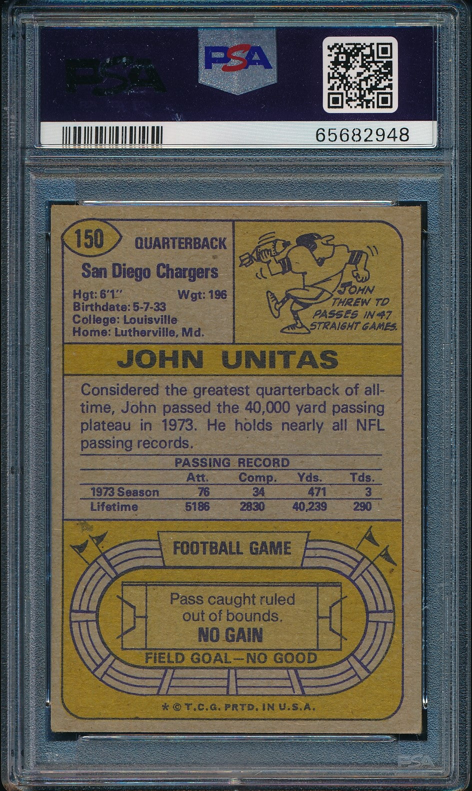 Johnny Unitas HOF Signed 1974 TOPPS Football Card #150 Colts PSA/DNA 184895