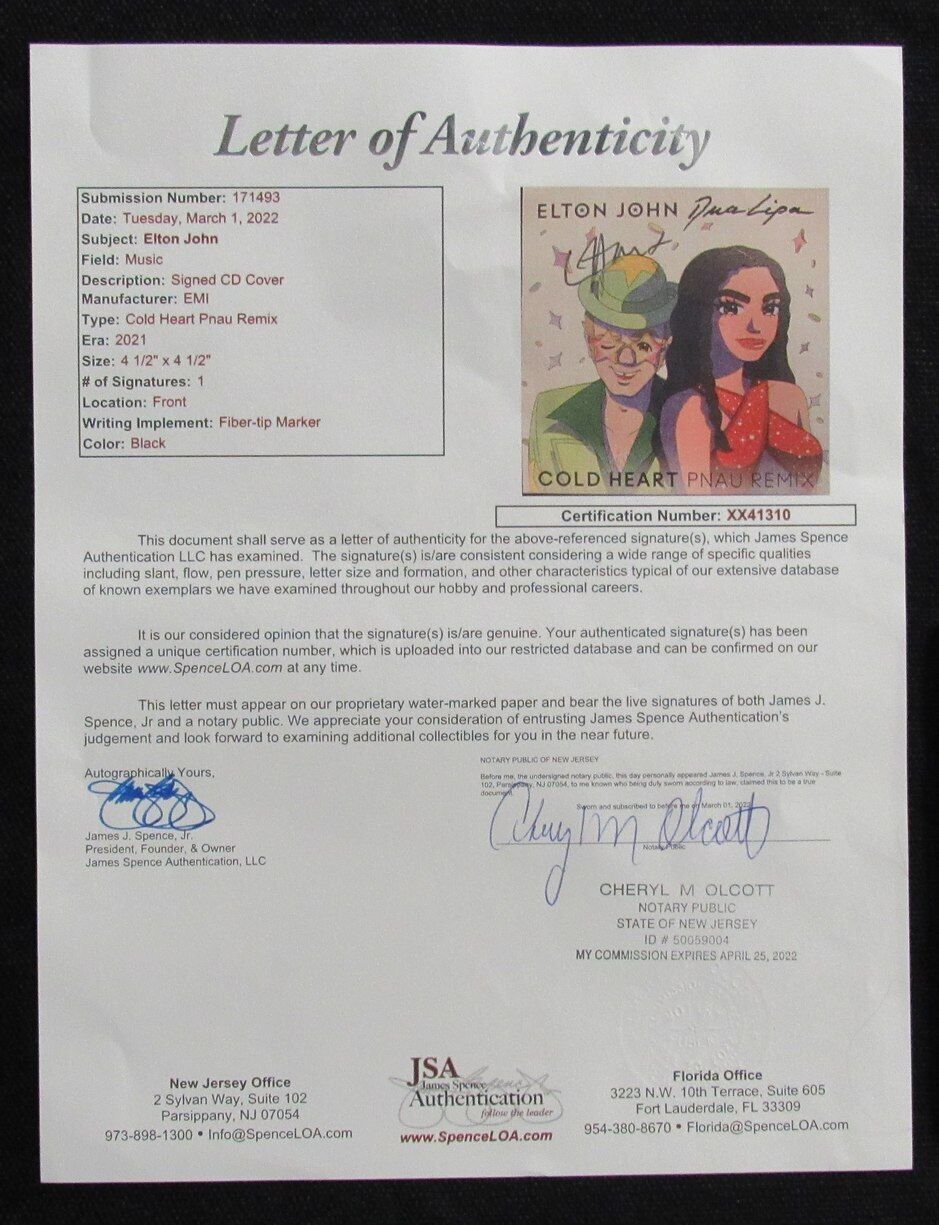 ELTON JOHN Autographed Elton & Dua "Cold Heart Pnau Remix" CD Insert - JSA LOA