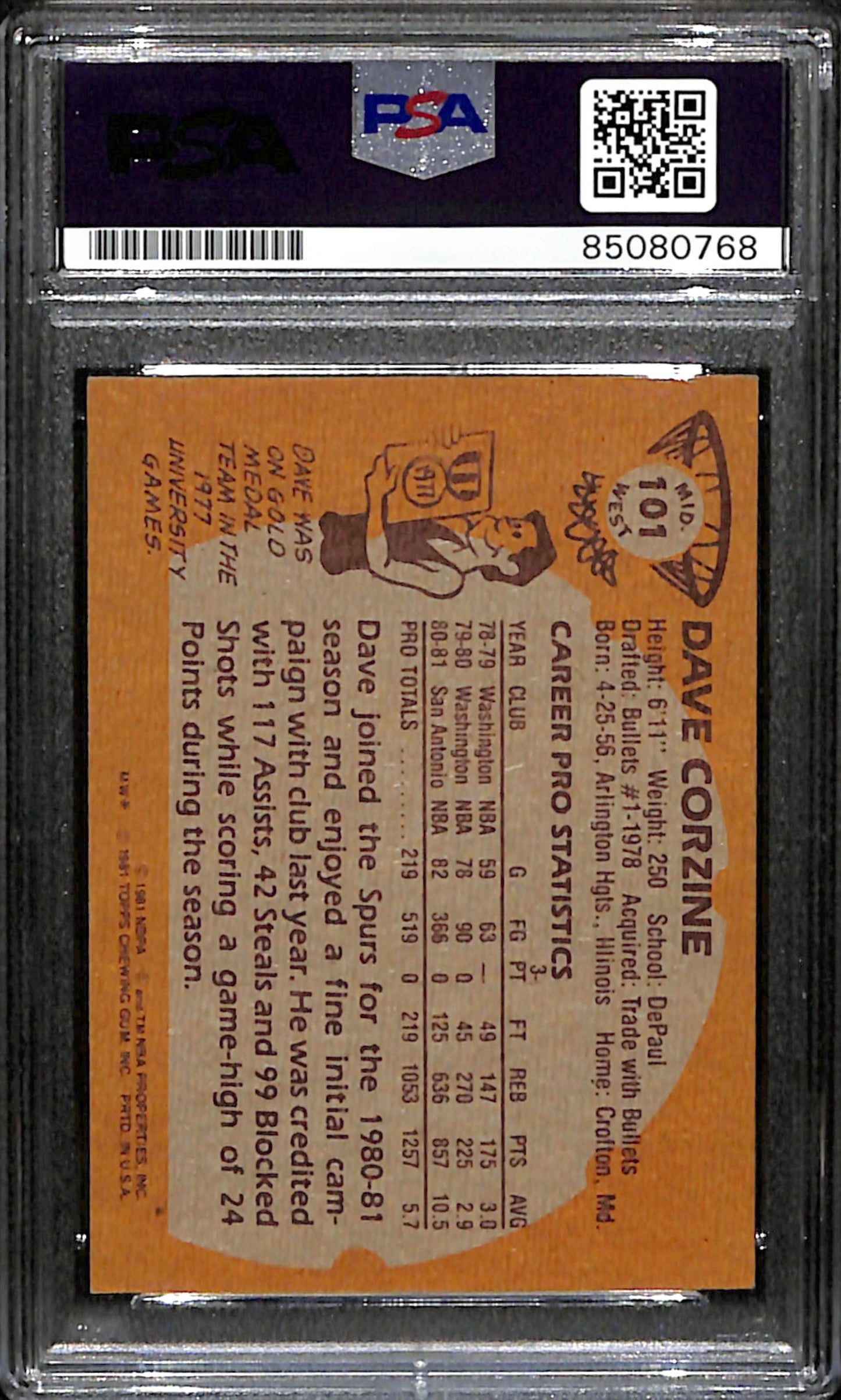 Dave Corzine Signed 1981 Topps Card #101 San Antonio Spurs PSA/DNA 183791