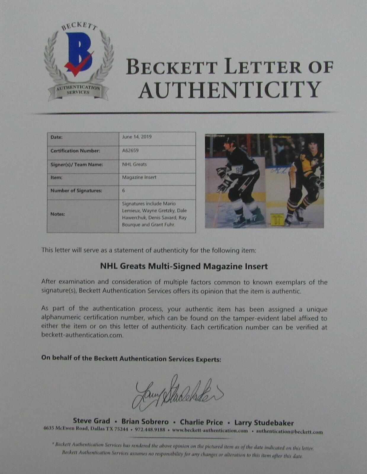 GRETZKY, LEMIEUX + 4 HOFers Multi-Signed POSTER Insert (signed by 6) Beckett