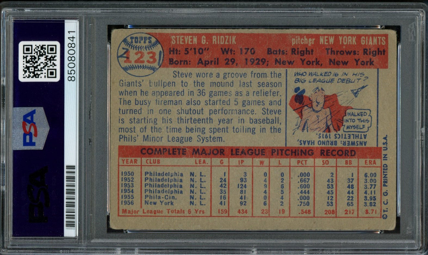 Steve Ridzik Signed 1957 Topps Card #123 New York Giants PSA/DNA 184149