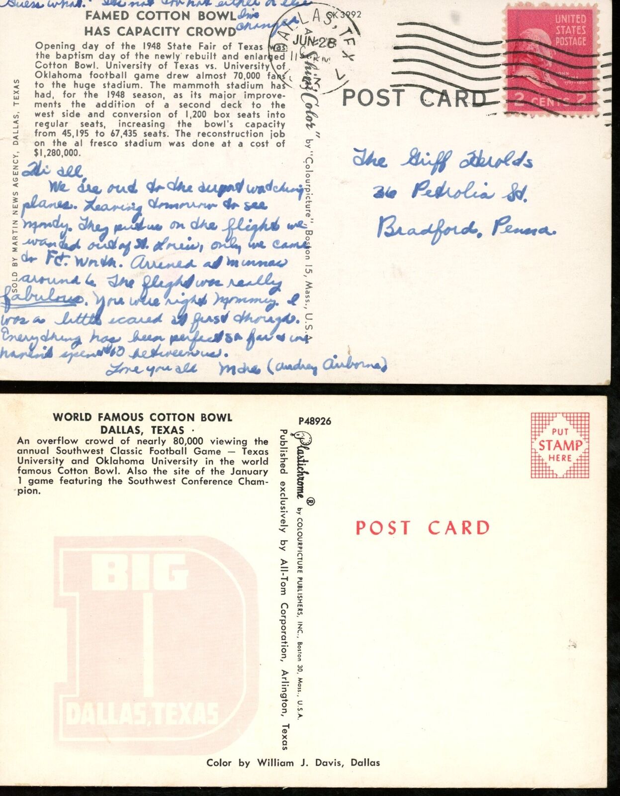 Lot of (2) 1950's Postcards Cotton Bowl Stadium Dallas, Texas 176183
