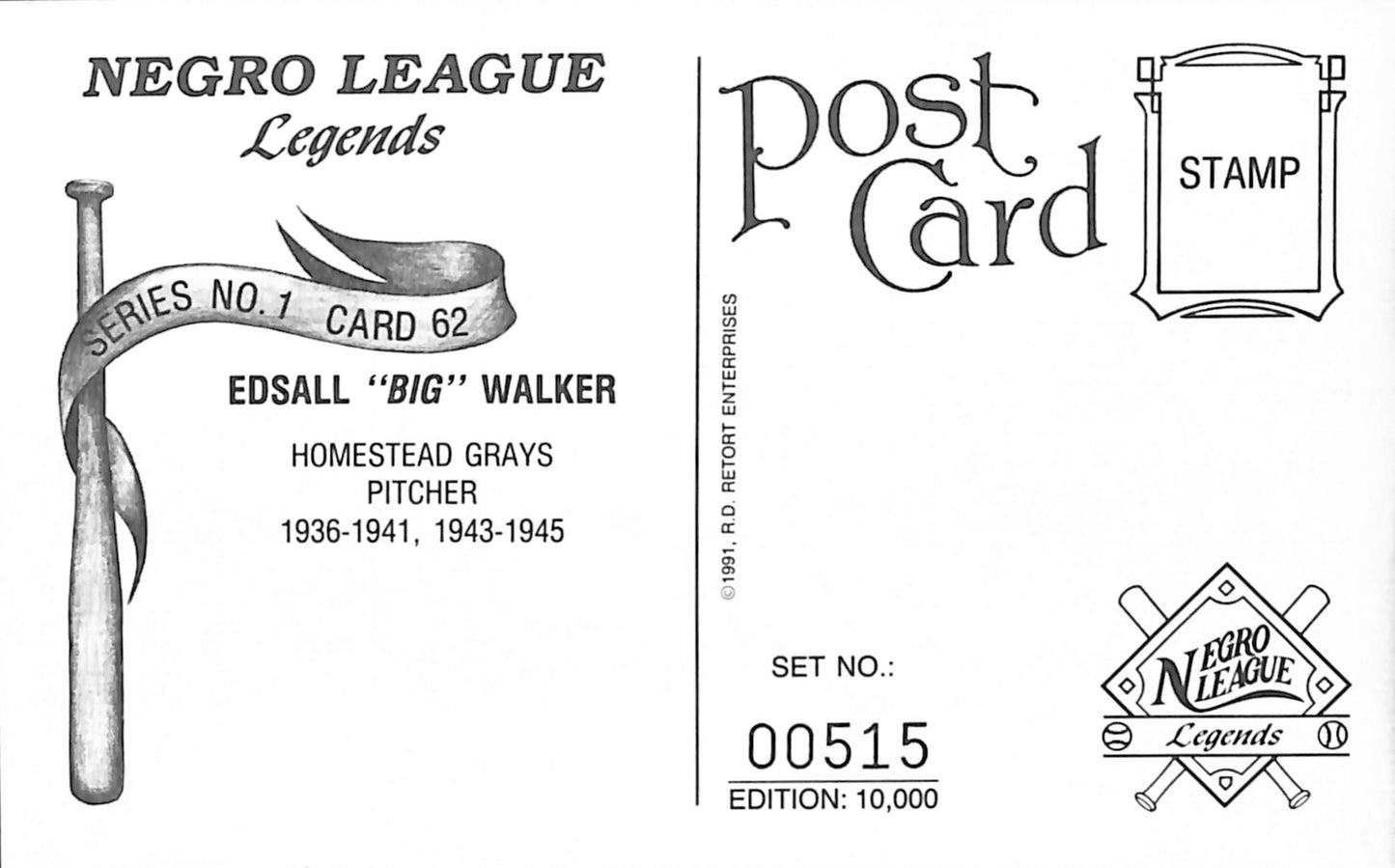 Edsall Walker Signed 1991 Negro League Legends Post Card Homestead Grays 181290
