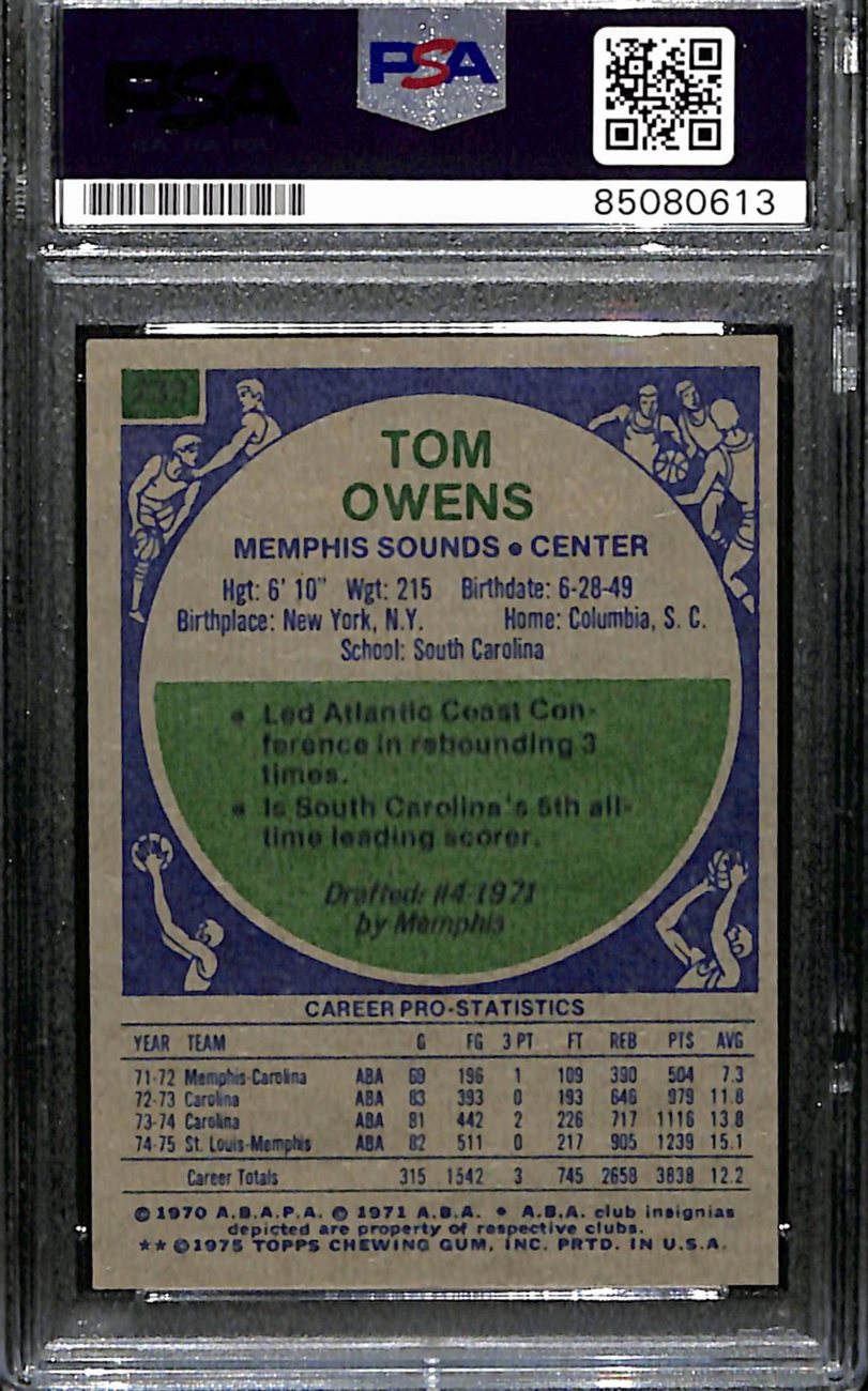 Tom Owens Autographed 1975-76 Topps Card #239 Memphis Sounds PSA/DNA 184824