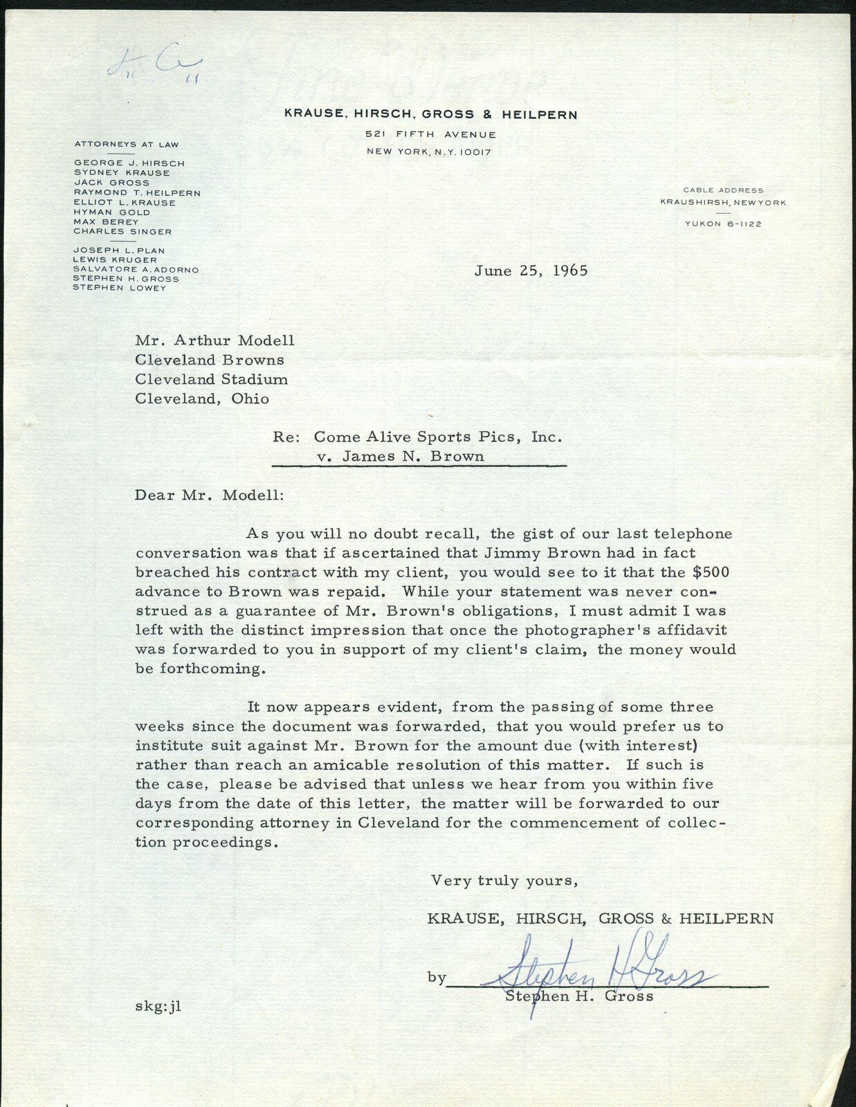 June 25, 1965 Series of Letters to Browns Art Modell and Jim Brown 144991