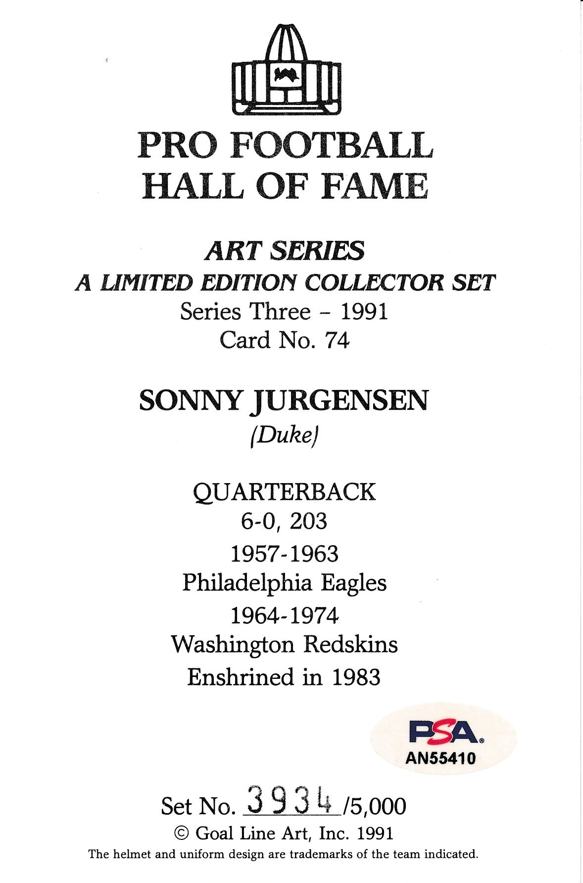 Sonny Jurgensen Redskins Signed 1999 GLAC/Goal Line Art Postcard PSA/DNA 186319
