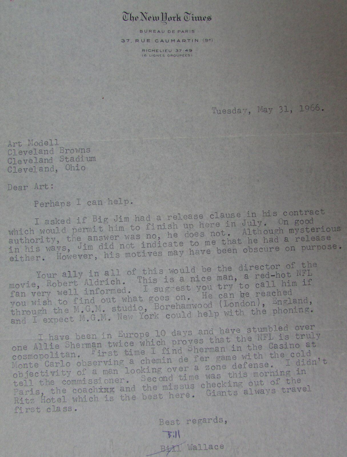 May 31, 1966 Letter to Art Modell from MGM Studios about Jim Brown 145102