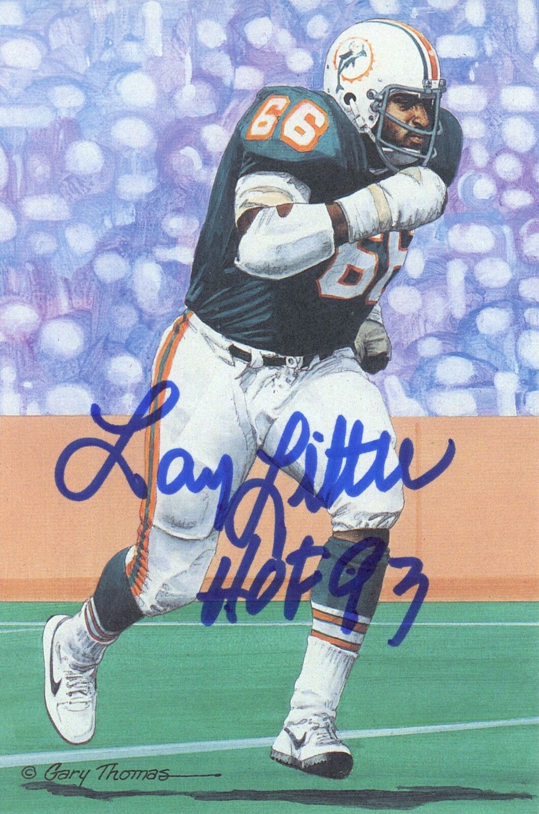 Larry Little HOF Autographed/Inscr Goal Line Art GLAC Postcard Dolphins JSA