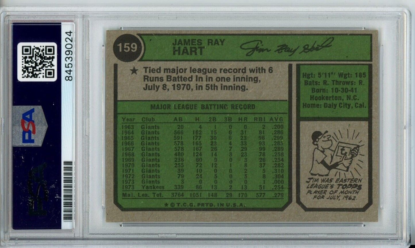 Jim Ray Hart Yankees Signed/Autographed 1974 TOPPS Card #159 PSA/DNA 166850