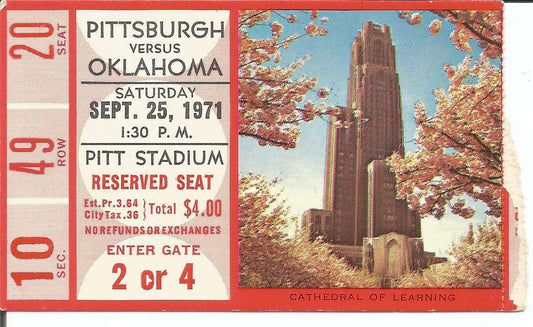 1971 Pittsburgh vs. Oklahoma Football Game Ticket Stub at Pitt Stadium 150346
