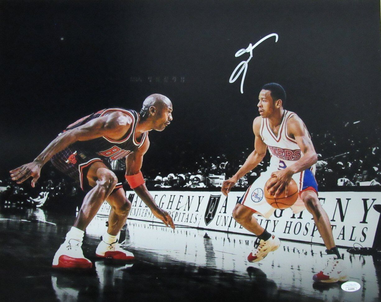 Allen Iverson HOF Autographed 16x20 Photo with Michael Jordan 76ers JSA 181859
