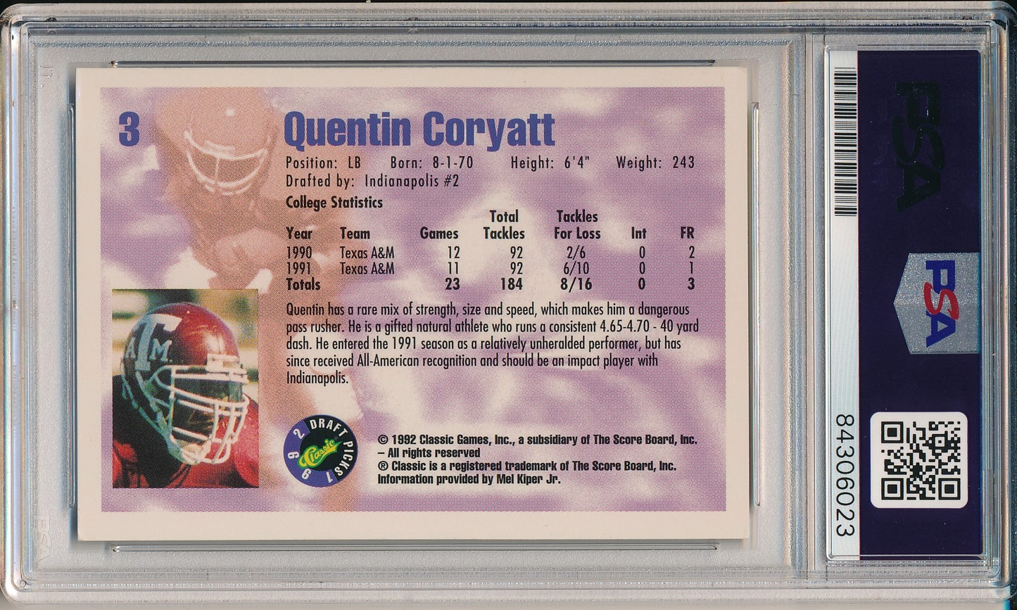 Quentin Coryatt Colts Signed/Auto 1992 Classic Games Card #3 PSA/DNA 158718
