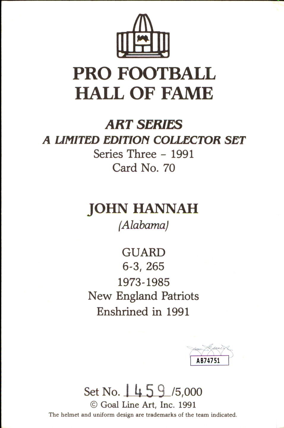 John Hannah HOF Autographed/Inscr Goal Line Art GLAC Postcard Patriots JSA