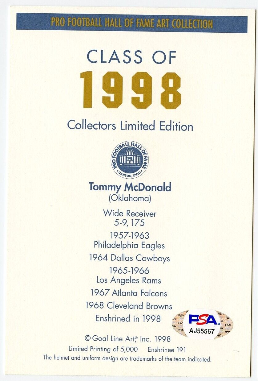 Tommy McDonald Signed Goal Line Art GLAC Postcard w/HOF Eagles PSA/DNA 160295