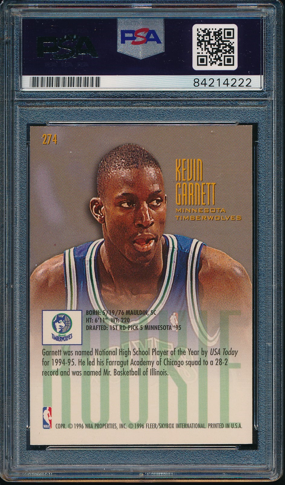 Kevin Garnett HOF Signed/Auto 1995 Fleer Rookie Card #274 Wolves PSA/DNA 193457
