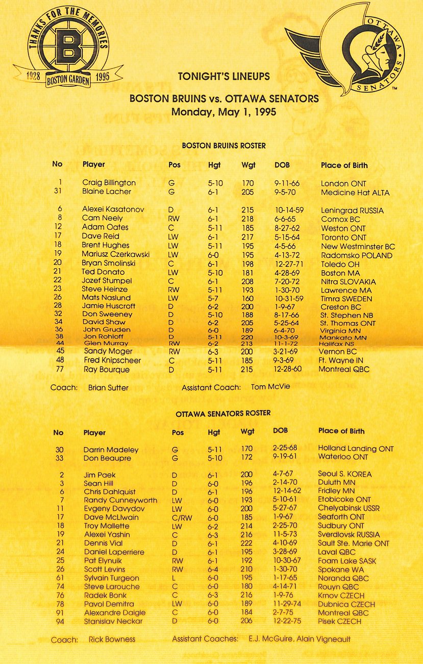May 1 1995 Boston Bruins vs Ottawa Senators Offical Game Program 182008