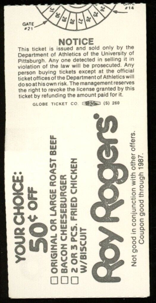 November 14, 1987 Pitt vs. Penn State College Football Game Ticket Stub