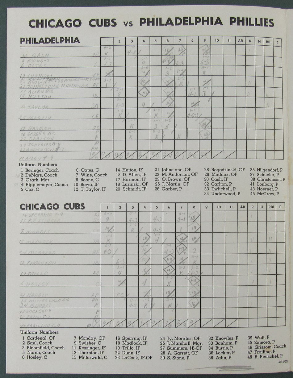 1975 Chicago Cubs vs. Phillies Scored Official Program Dick Allen 6/16/75
