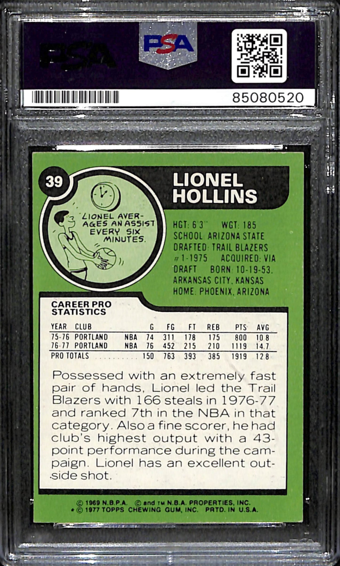 Lionel Hollins Signed 1977 Topps Card #39 Portland Trail Blazers PSA/DNA 185720