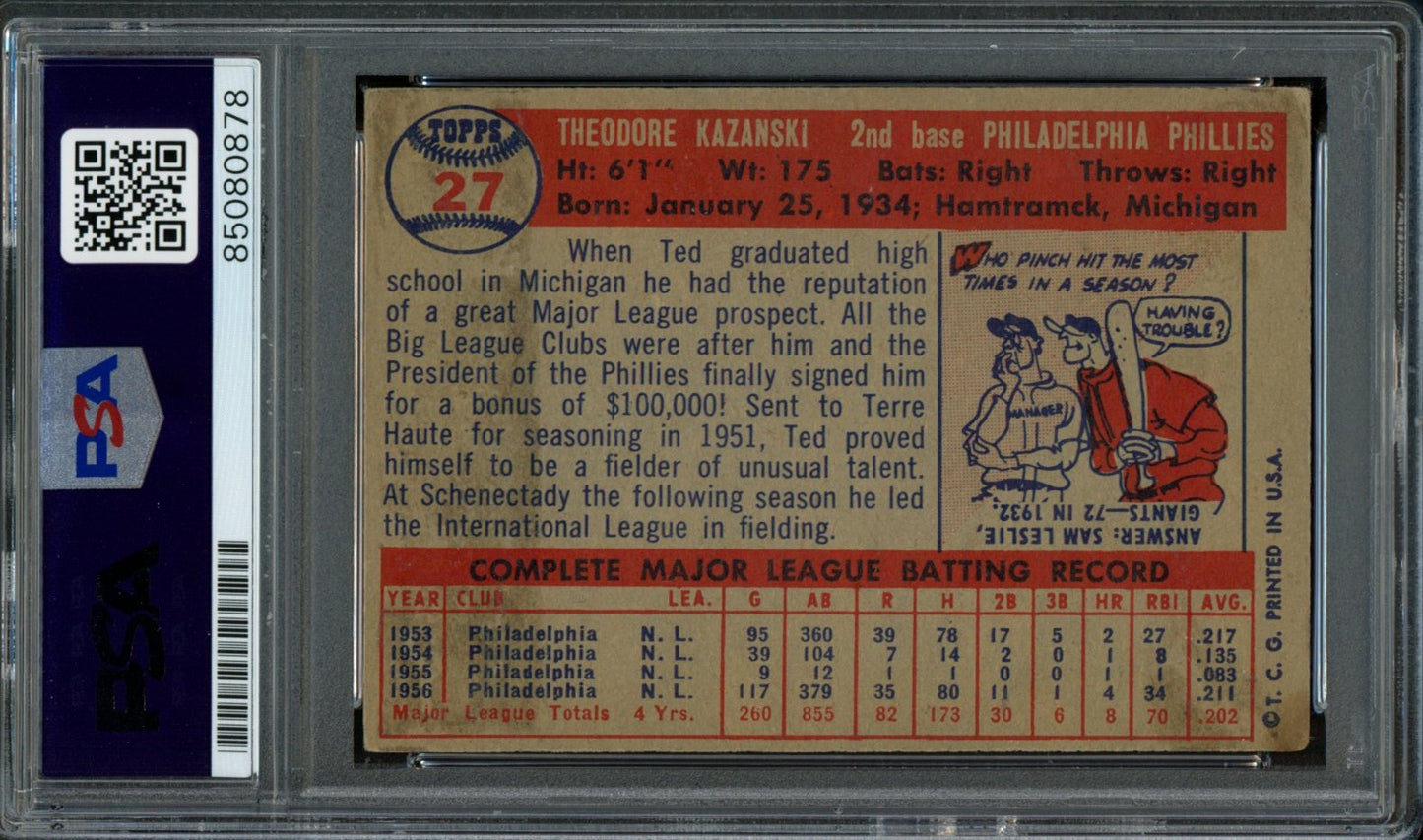 Ted Kazanski Signed 1957 Topps Trading Card #27 Phillies PSA/DNA 184000