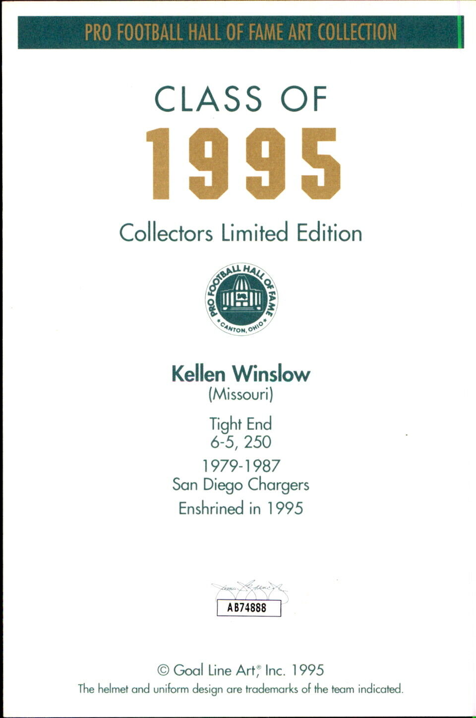 Kellen Winslow HOF Autographed/Inscr Goal Line Art GLAC Postcard Chargers JSA