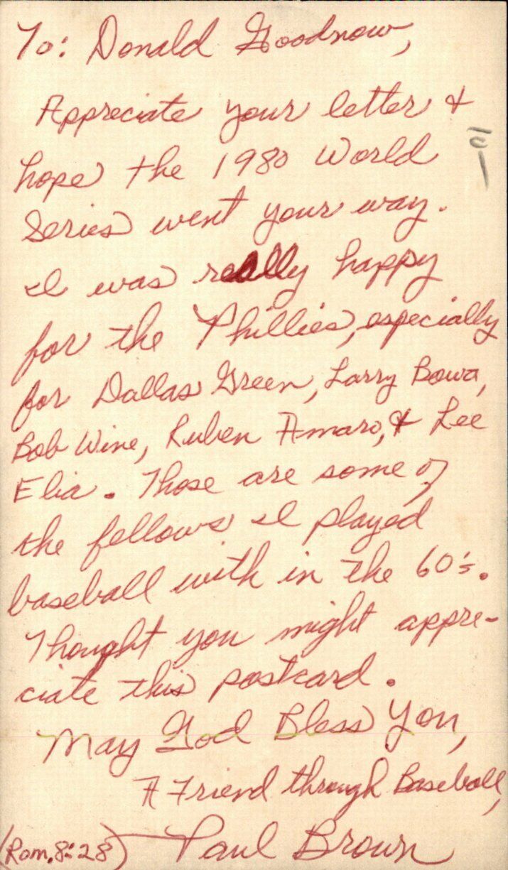 Paul Brown Philadelphia Phillies Signed/Autographed Picture Card 162552