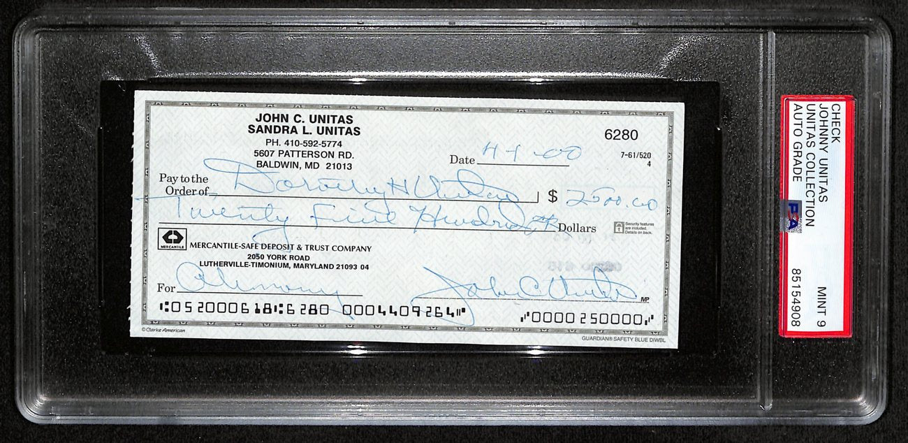 Johnny Unitas HOF Signed/Autographed 2000 Bank Check Colts PSA/DNA MINT 9 189590