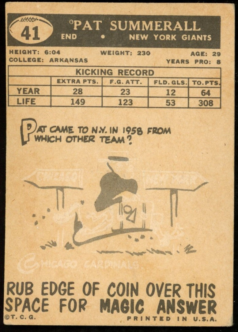 1959 TOPPS Football Card #41 Signed/Auto Pat Summerall New York Giants