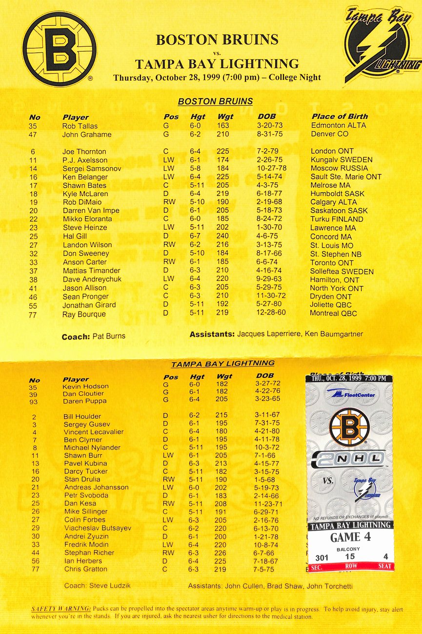 October 28 1998 Boston Bruins vs TB Lightning Program + Ticket Stub 182025