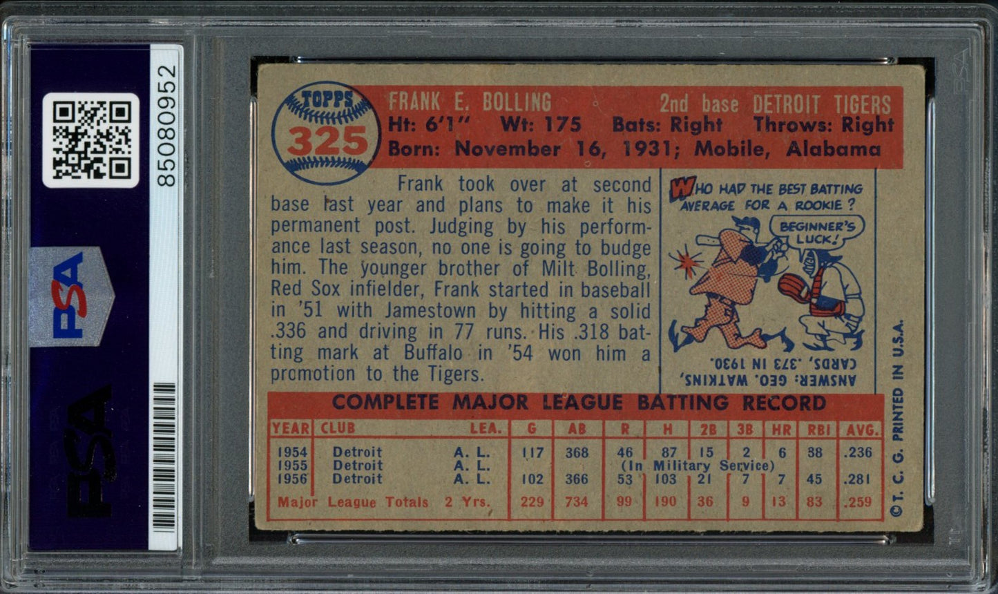 Frank Bolling Signed 1957 Topps Card #325 Detroit Tigers PSA/DNA 184163