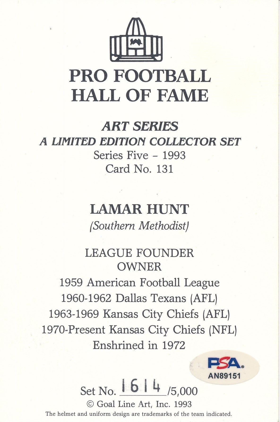 Lamar Hunt HOF Signed/Inscribed 1993 GLAC Postcard Chiefs PSA/DNA 191847