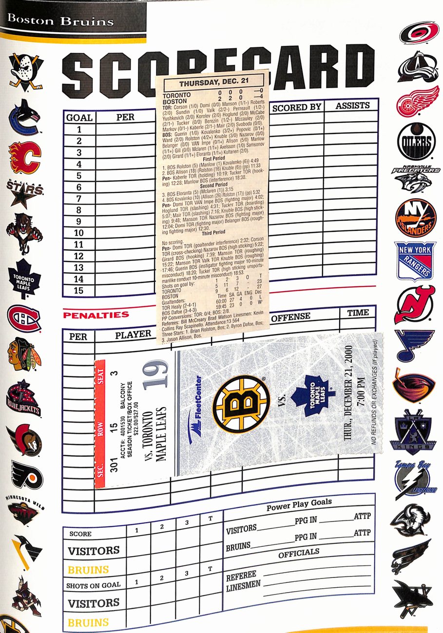 December 21 2000 Boston Bruins vs Maple Leafs Program + Ticket Stub 182029