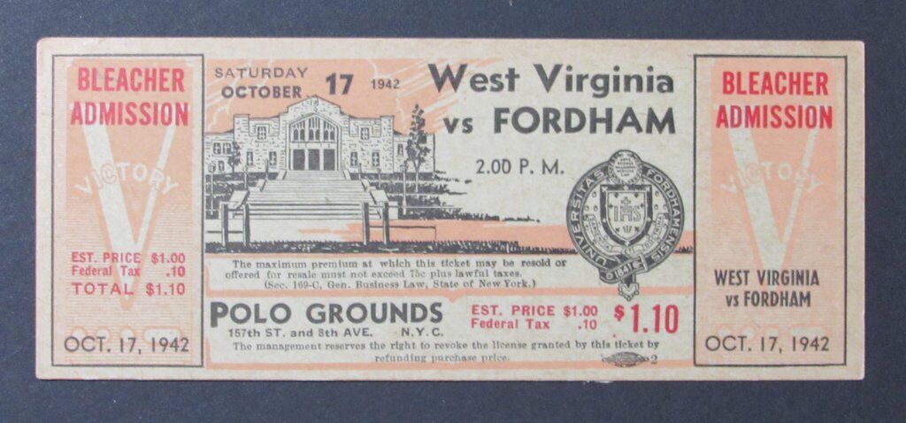 1942 West Virginia Mountaineers vs. Fordham Proof Ticket 10/17/42 Polo Grounds