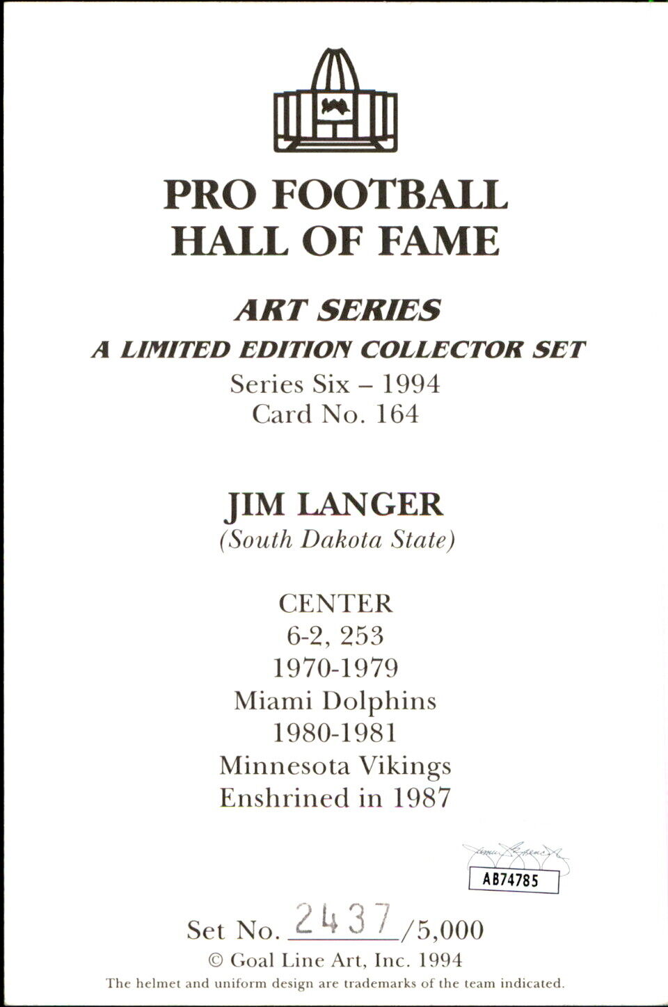Jim Langer HOF Autographed/Inscr Goal Line Art GLAC Postcard Miami Dolphins JSA