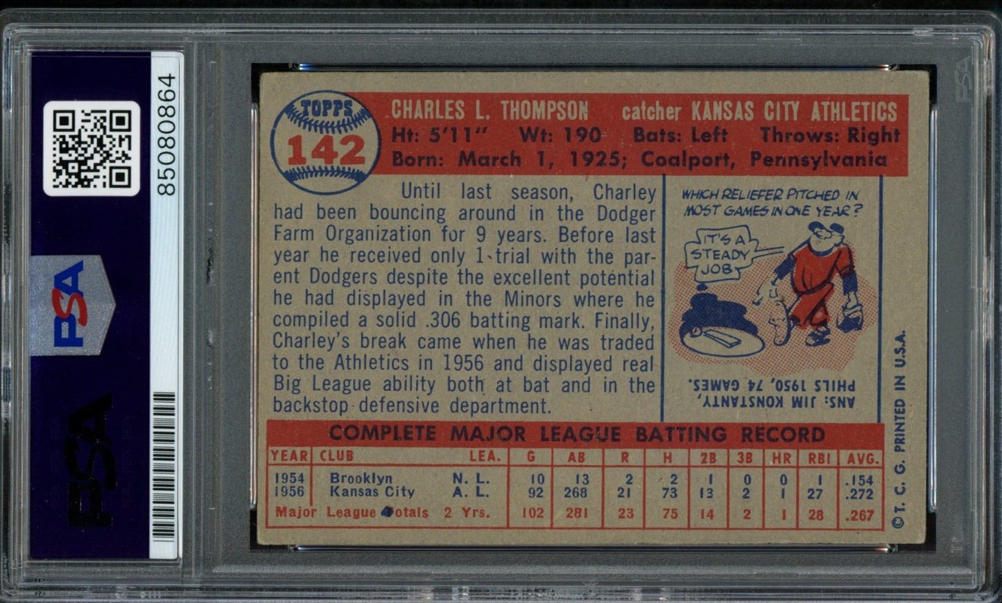1957 TOPPS Charles Thompson #142 Auth Card Signed KC A's PSA/DNA 184112