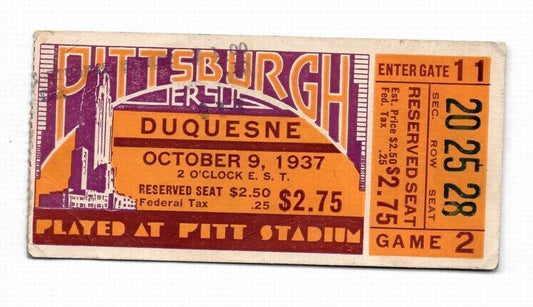 1937 Pitt vs. Duquesne Football Ticket Stub at Pitt Stadium 10/9/37 129651