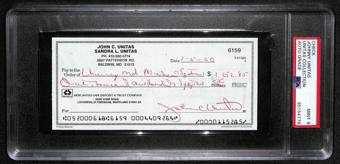 Johnny Unitas HOF Signed/Autographed 2000 Bank Check Colts PSA/DNA MINT 9 189577