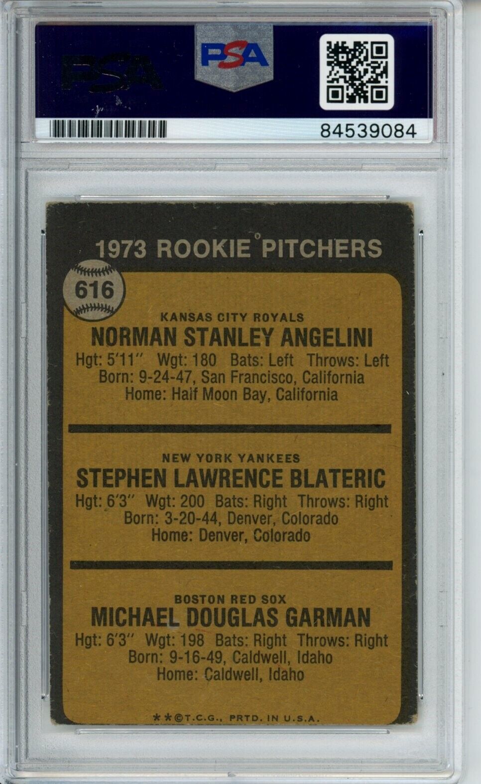 Steve Blateric Yankees Signed/Autographed 1973 TOPPS Card #616 PSA/DNA 166861