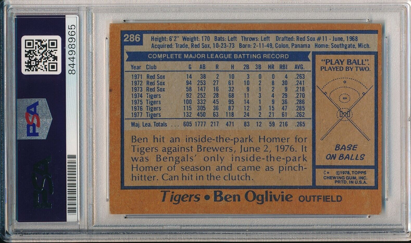 Ben Oglivie Detroit Tigers Signed/Auto 1978 TOPPS Card #286 PSA/DNA 166109