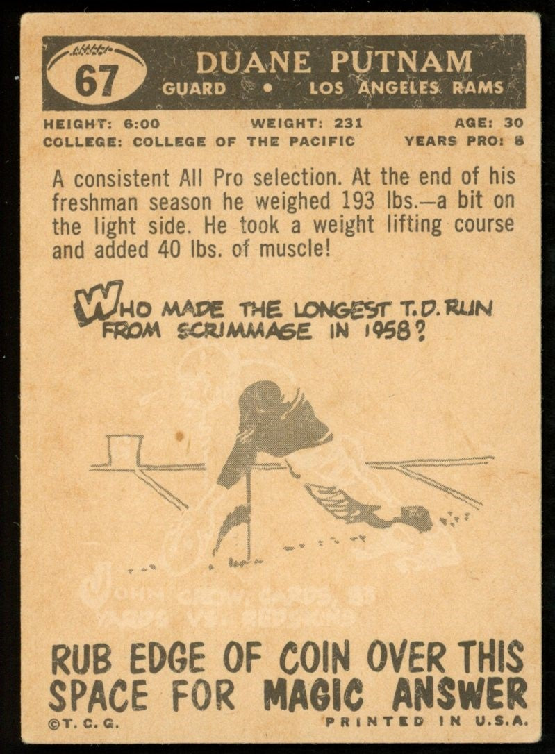 1959 TOPPS Football Card #67 Signed/Auto Duane Putnam Los Angeles Rams