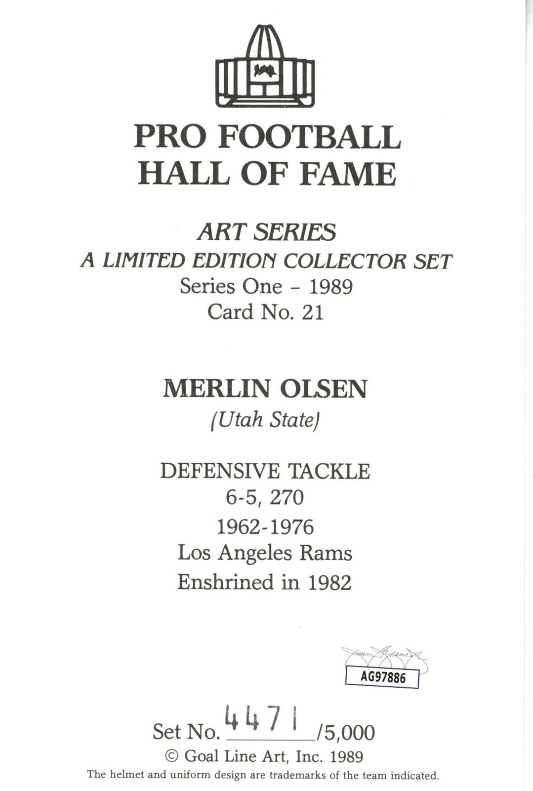 Merlin Olsen HOF Autographed Goal Line Art GLAC Postcard Rams JSA