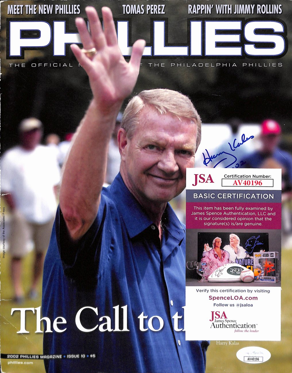 Harry Kalas HOF Signed/Inscribed 8x10 Magazine Cover Photo Phillies JSA 190317