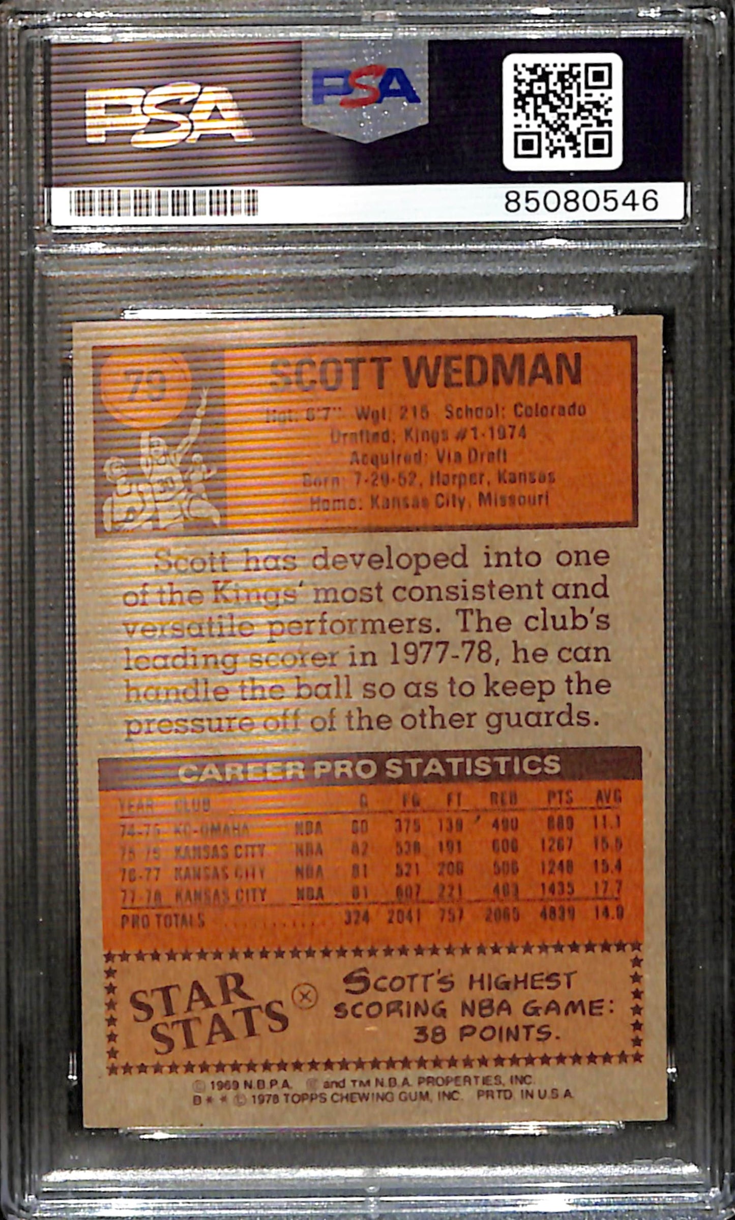 Scott Wedman Signed/Auto 1978 Topps Card #79 Kansas City Kings PSA/DNA 185426