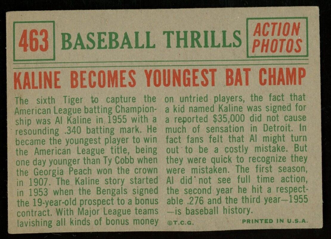 1959 Topps Baseball Al Kaline HOF Youngest Bat Champ #463 Detroit Tigers