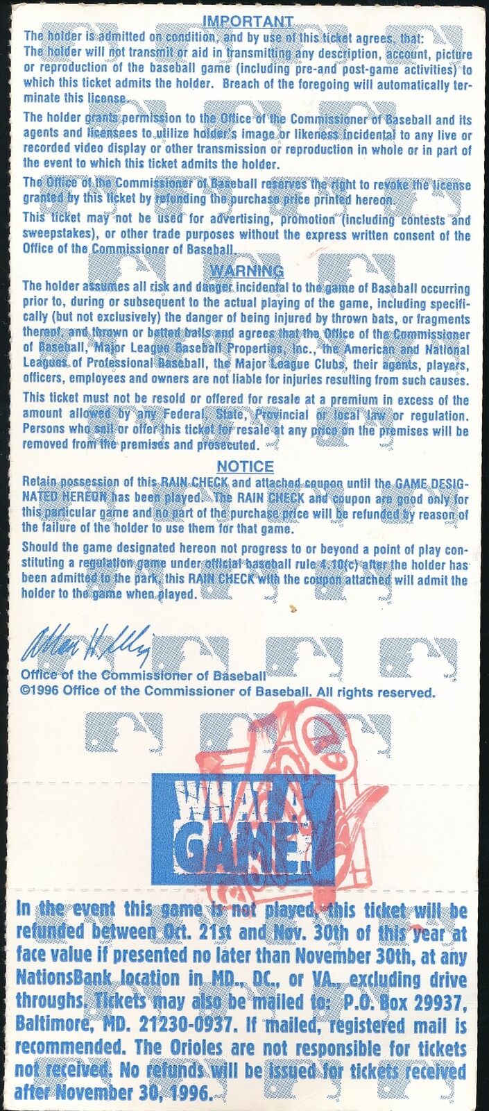 1996 ALDS Full Ticket Baltimore Orioles vs. Cleveland Indians at Camden Yards