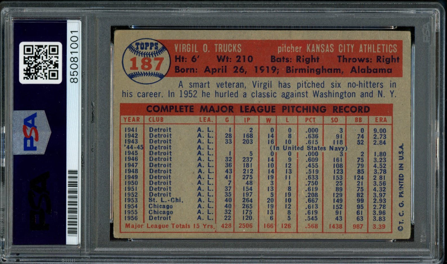 1957 TOPPS Virgil Trucks #187 Auth Card Signed KC A's PSA/DNA 184085