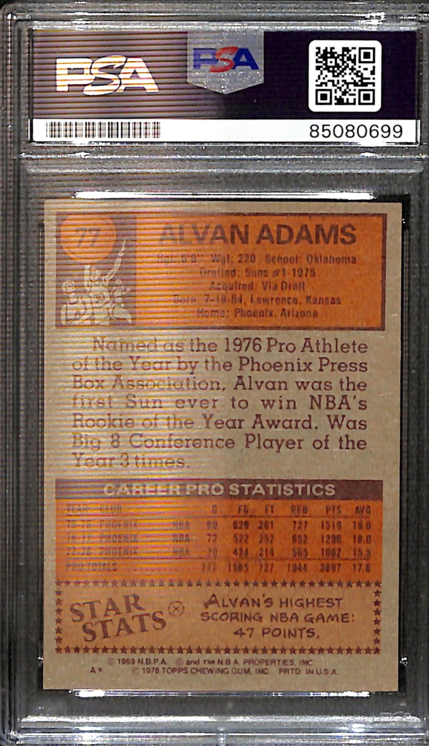 Alvan Adams Signed/Auto 1978 Topps Card #77 Phoenix Suns PSA/DNA 185409